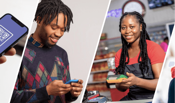 Group of happy  individuals making payment